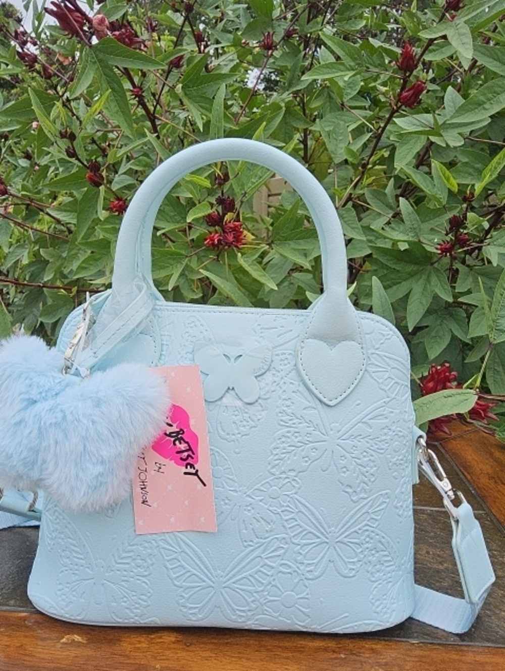 NWT- Light Blue Women's Satchel Handbag with Heart Handles and Pom-Pom Charm